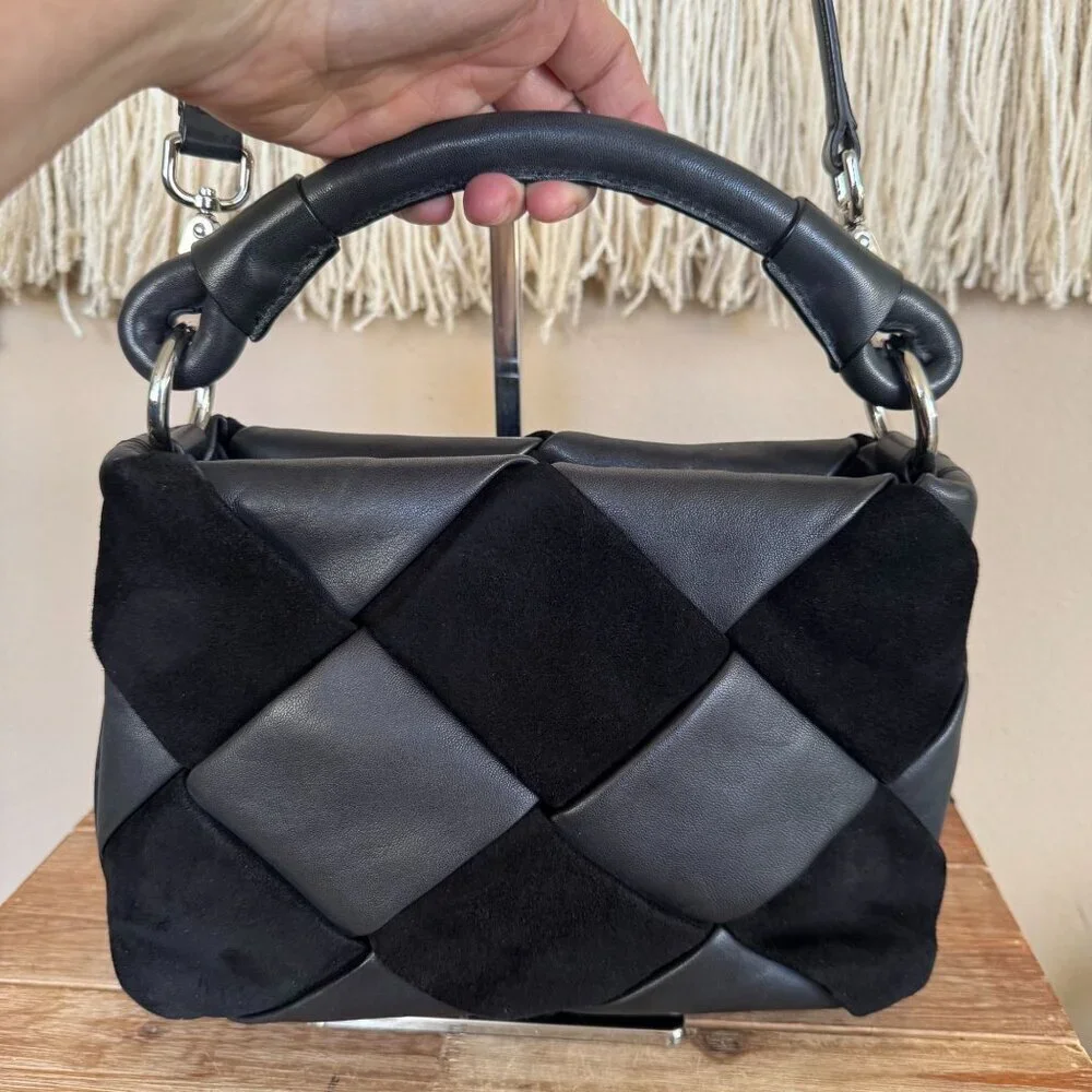 & Other Stories Black Braided Leather Suede Silver Hardware Top Handle Crossbody